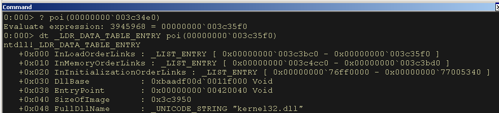 Figure 15: The Third LDR Data Table Entry points to kernel32.dll